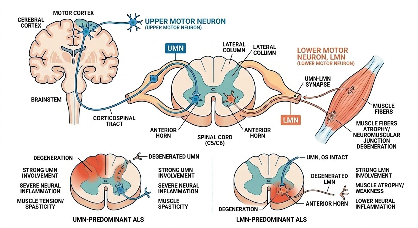 Diagram comparing upper and lower motor neuron pathways in ALS