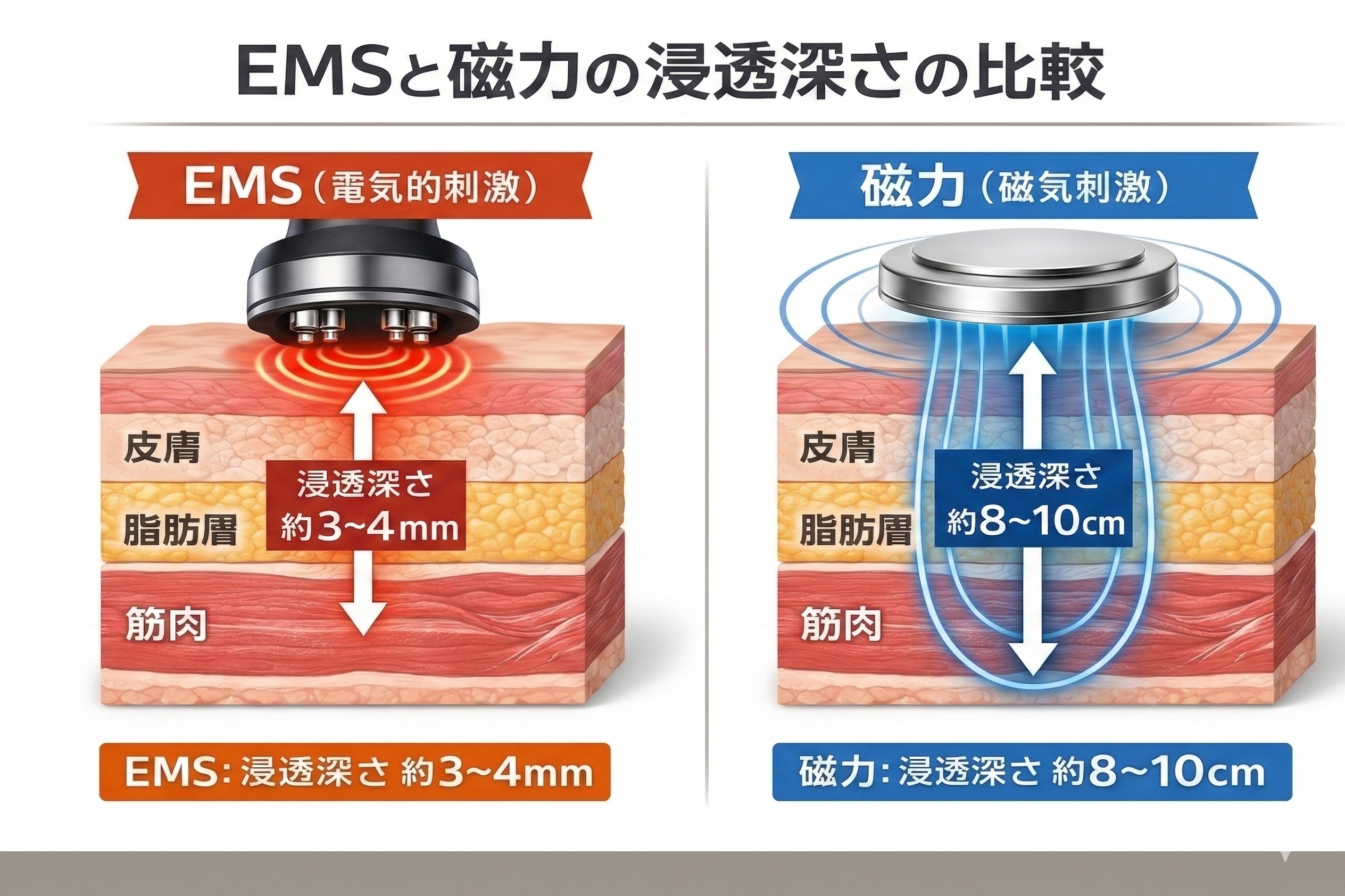 EMSと磁力の浸透深度の比較図
